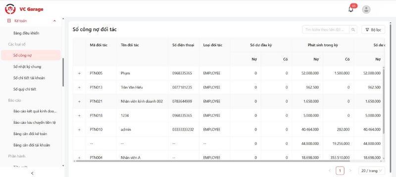 VC Garage - Phần mềm báo cáo kinh doanh gara hiệu quả 2026 7 Báo cáo công nợ khách hàng, nhà cung cấp