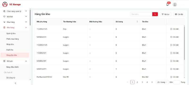 VC Garage - Phần mềm báo cáo kinh doanh gara hiệu quả 2026 6 Hệ thống báo cáo tồn kho, cảnh báo hàng sắp hết