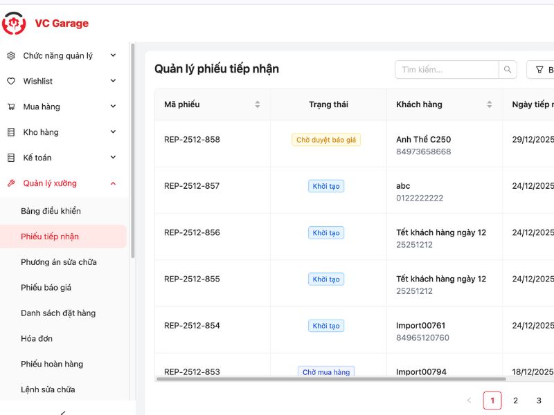 VC Garage - Phần mềm quản lý dịch vụ ô tô hiệu quả 3 Quy trình tiếp nhận xe và thực hiện sửa chữa tại gara