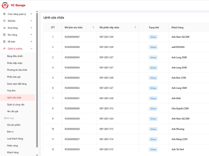 Chủ xưởng có thể quản lý xe vào sửa chữa trong lệnh sửa chữa đơn giản