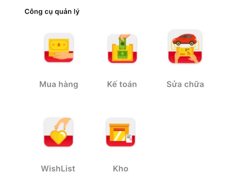 Giao diện main menu của phần mềm ERP VC Garage