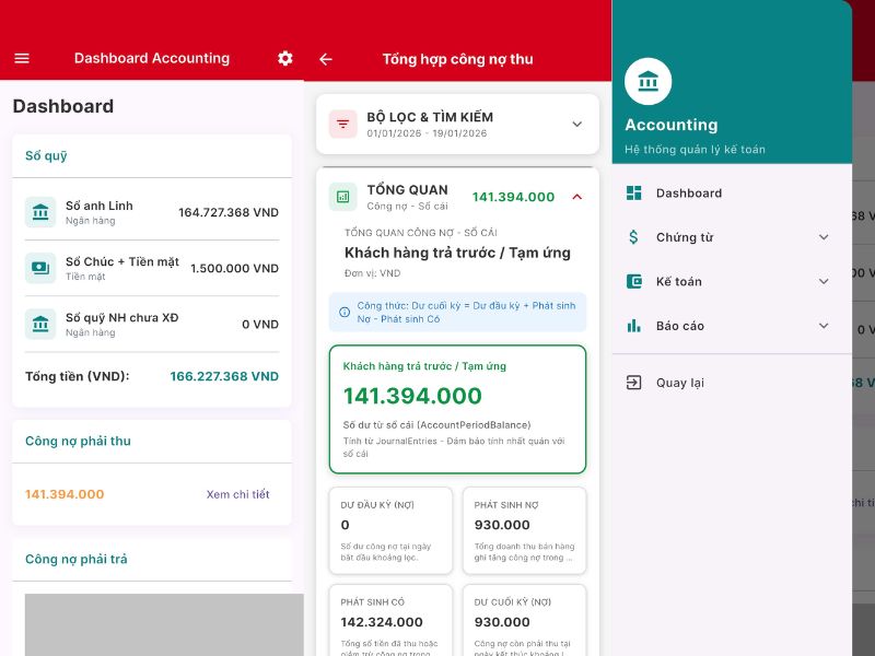 Giao diện tính năng kế toán phần mềm quản lý xưởng VC Garage