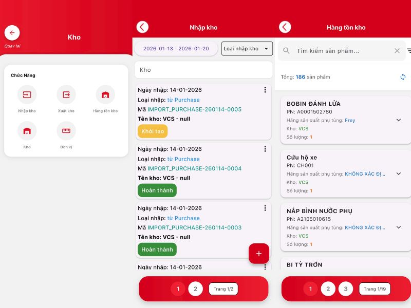 Giao diện tính năng quản lý kho của phần mềm 