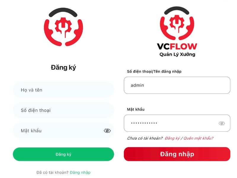 Giao diện trang đăng nhập/ đăng ký của phần mềm VC Garage
