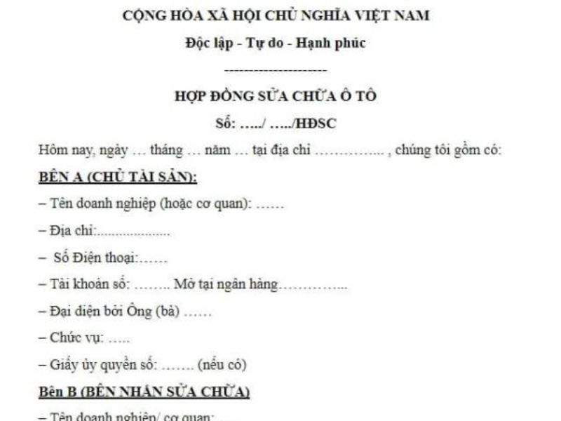 mẫu hợp đồng sửa chữa xe ô tô