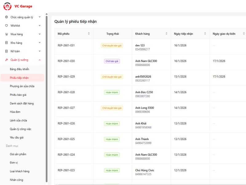 phiếu tiếp nhận xe