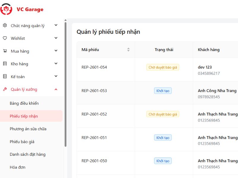 Cách tự động hóa quy trình tiếp nhận xe bằng phần mềm quản lý 7 Sau khi hoàn tất tiếp nhận, sẽ chuyển trạng thái của phiếu theo tình trạng sửa chữa