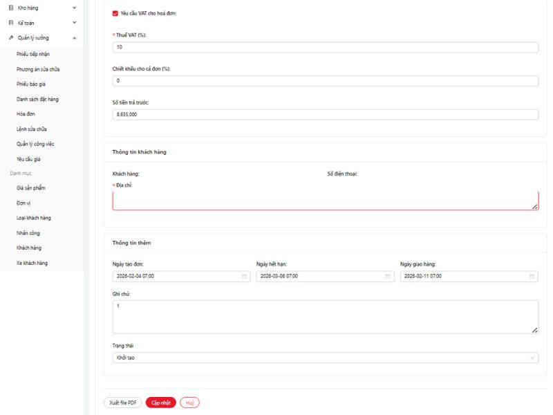Chỉnh sửa thông tin chung của hóa đơn rồi chọn “ Cập nhật “ để lưu hóa đơn mới