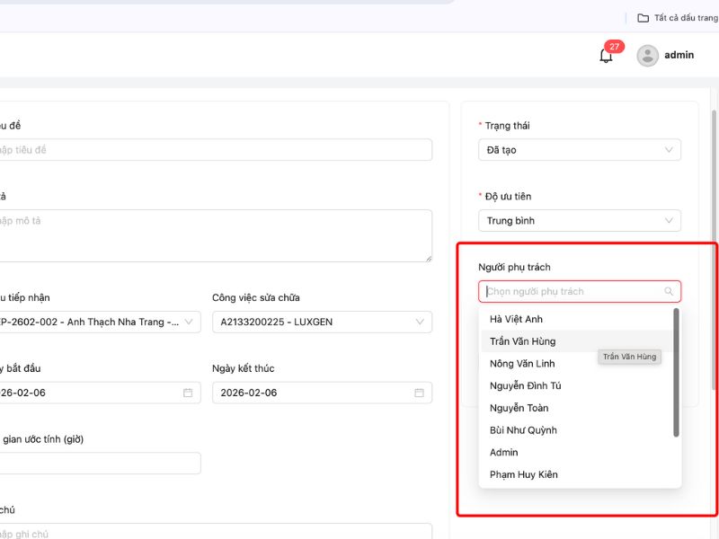 Hướng dẫn sử dụng tính năng quản lý công việc trong VC Garage 8 Chọn kỹ thuật viên