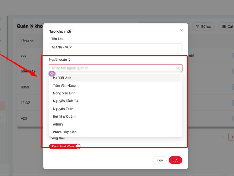 Chọn người quản lý kho
