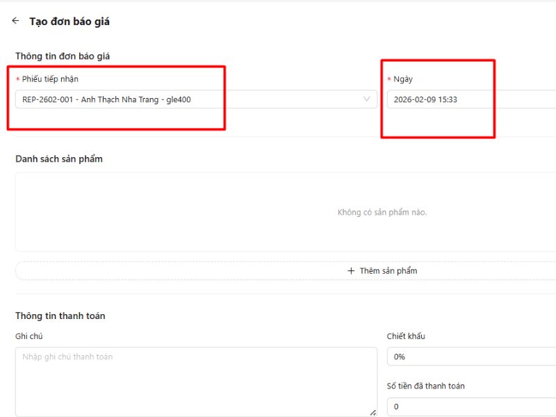 Chọn phiếu tiếp nhận và ngày giờ tạo đơn báo giá mới