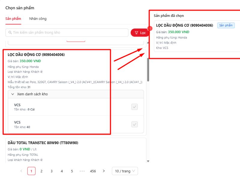 Chọn sản phẩm có sẵn trong kho và xem số lượng kho còn bao nhiêu