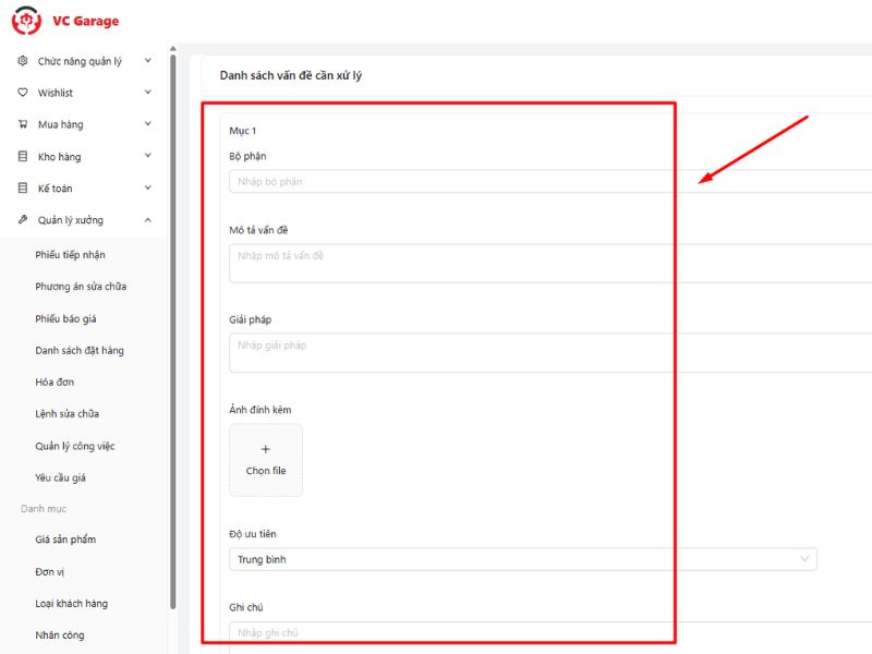 Tiến hành điền thông tin cho danh sách các vấn đề cần xử lý