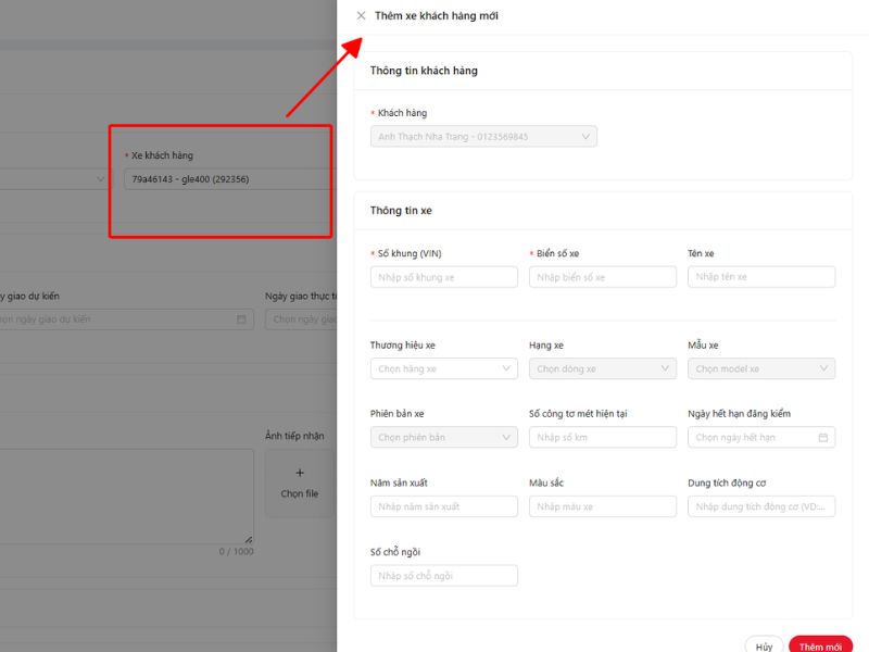 Chọn xe khách hàng và điền thông tin ngày nhận giao xe