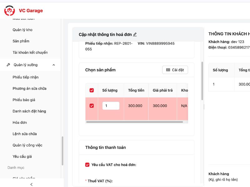 VC Garage giúp tránh tình trạng thiếu hạng mục hoặc báo giá không đầy đủ