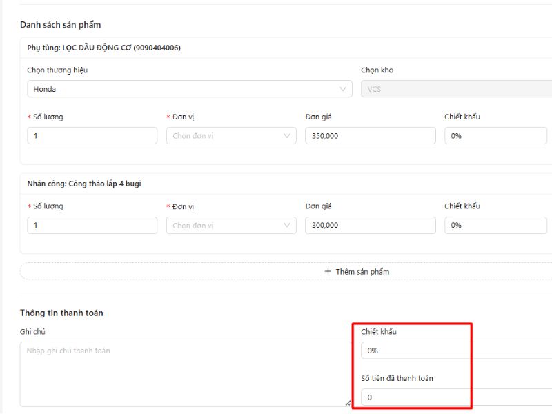 Điền mục chiết khấu và số tiền khách đã thanh toán hoặc cọc trước