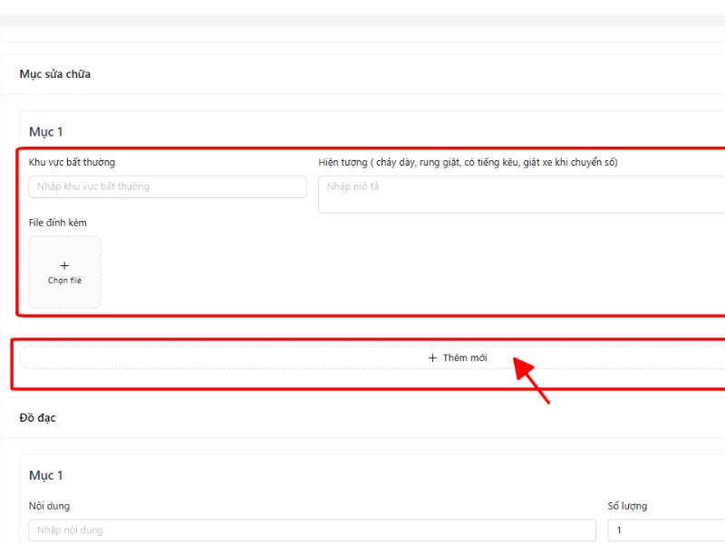 Điền mục sửa chữa và thêm mới mục sửa chữa nếu cần