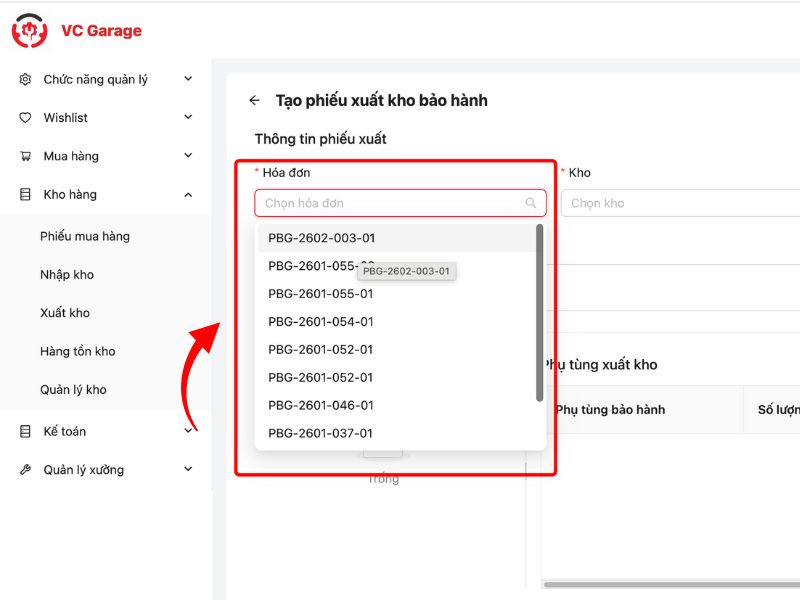 Điền thông tin hoá đơn trong phiếu xuất kho bảo hành