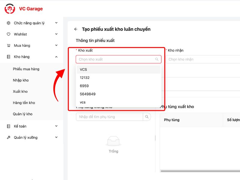 Điền thông tin kho xuất trong phiếu xuất kho luân chuyển