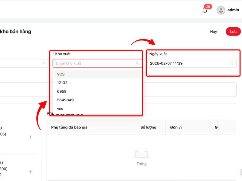Điền thông tin kho xuất và ngày phiếu xuất kho bán hàng