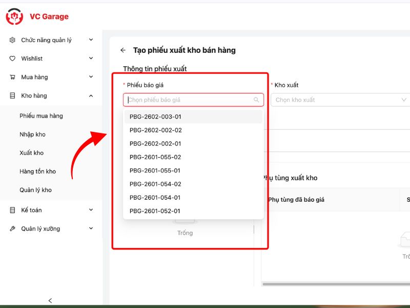 Điền thông tin phiếu báo giá của phiếu xuất kho bán hàng