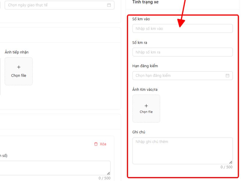 Điền thông tin về tình trạng xe, số km vào ra, hạn đăng kiểm