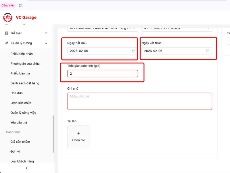 Hướng dẫn sử dụng tính năng quản lý công việc trong VC Garage 5 Ghi ngày bắt đầu, ngày kết thúc và kiểm tra thời gian ước tính