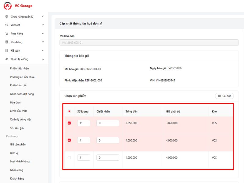 Hóa đơn cho phép cập nhật danh sách sản phẩm, số lượng và giá bán