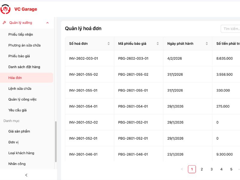 Quản lý hoá đơn phần mềm VC Garage