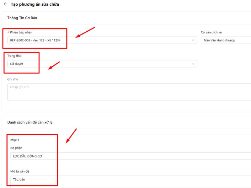 Kiểm tra lại thông tin rồi bấm thêm mới để tạo phương án sửa chữa