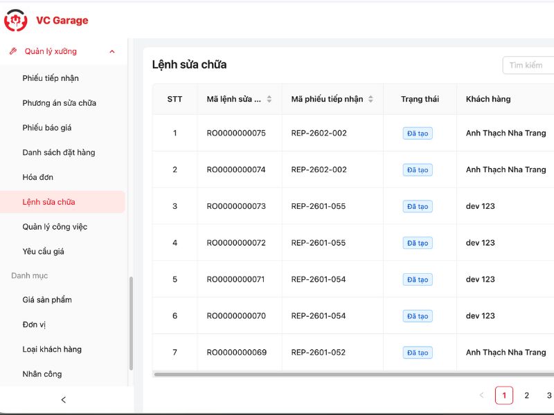 Lệnh sửa chữa phần mềm VC Garage