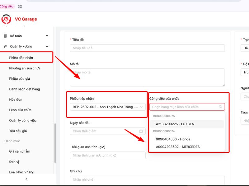 Hướng dẫn sử dụng tính năng quản lý công việc trong VC Garage 4 Nhập phiếu tiếp nhận và công việc cần sửa chữa