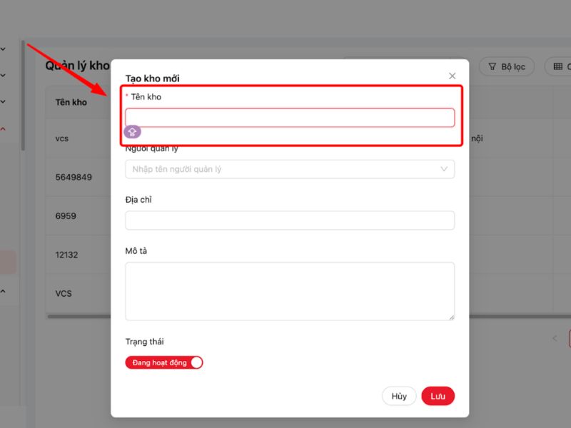 Nhập tên kho bạn muốn quản lý
