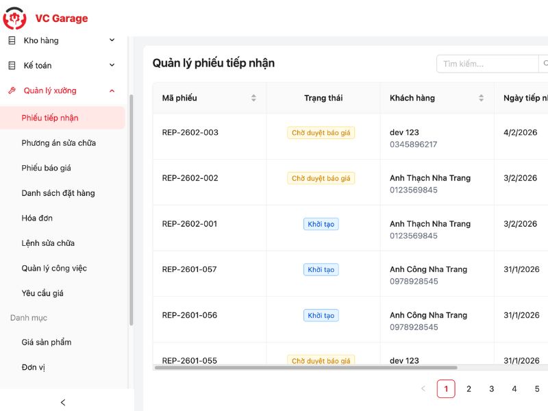 Phiếu tiếp nhận phần mềm VC Garage