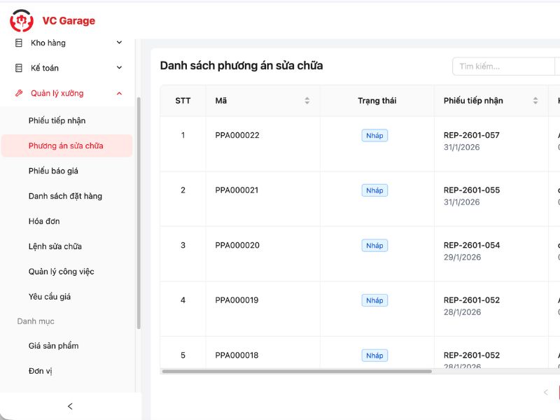 Phương án sửa chữa phần mềm VC Garage