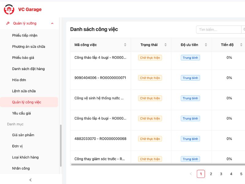 Quản lý công việc phần mềm VC Garage