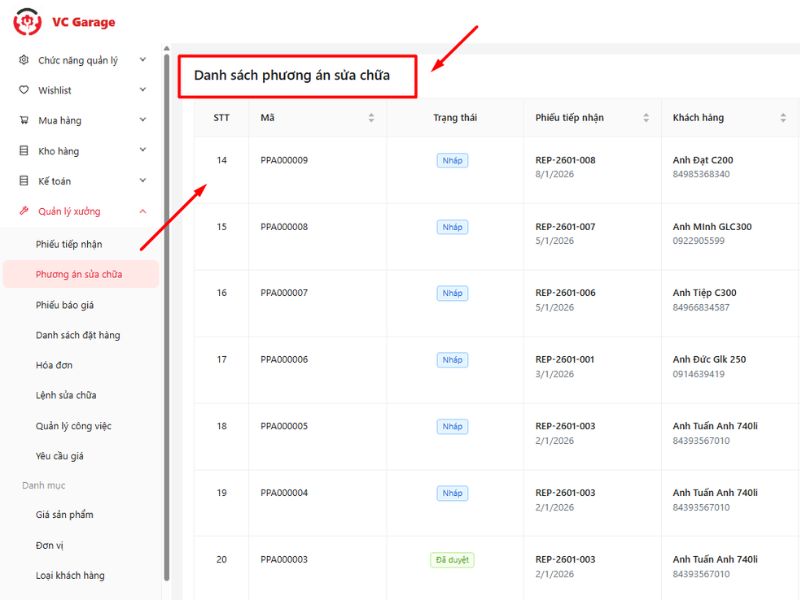 Quản lý tất cả phương án sửa chữa đã tạo