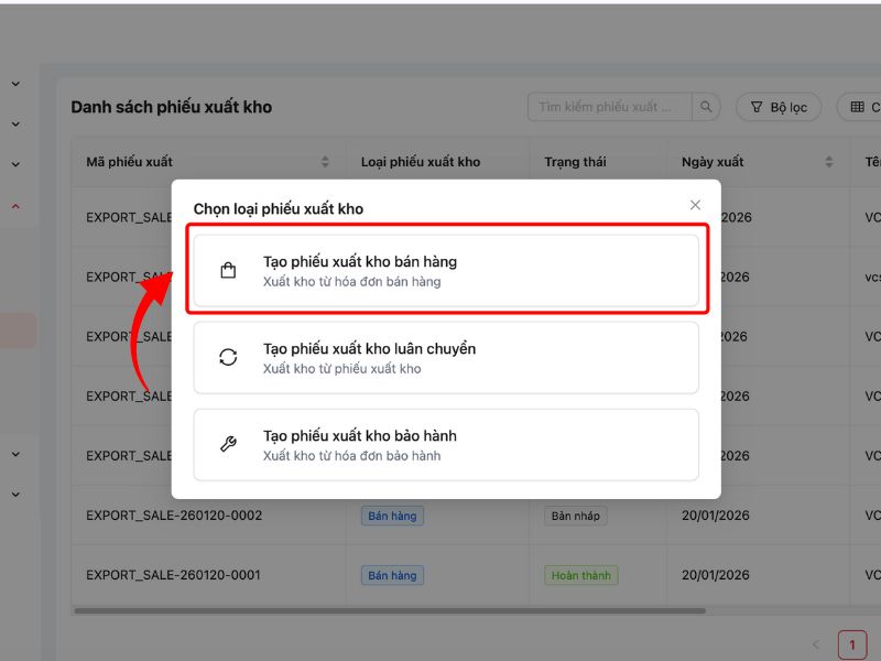 Tạo phiếu xuất kho bán hàng