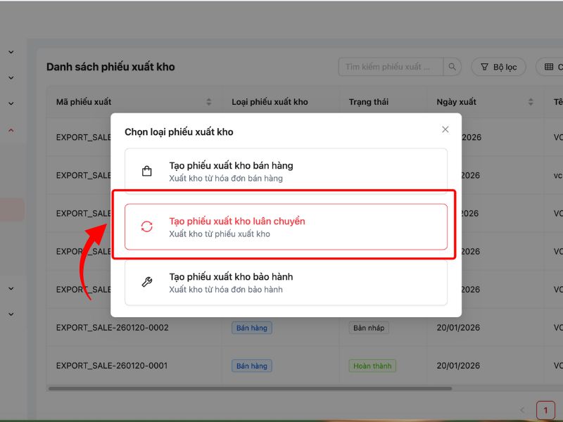 Tạo phiếu xuất kho luân chuyển