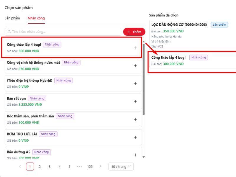 Thêm công thay thế sửa chữa ngay trong mục thêm sản phẩm tiện lợi