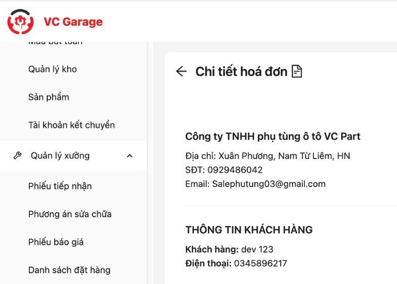 Thông tin gara và khách hàng để xác định đúng xe được báo giá