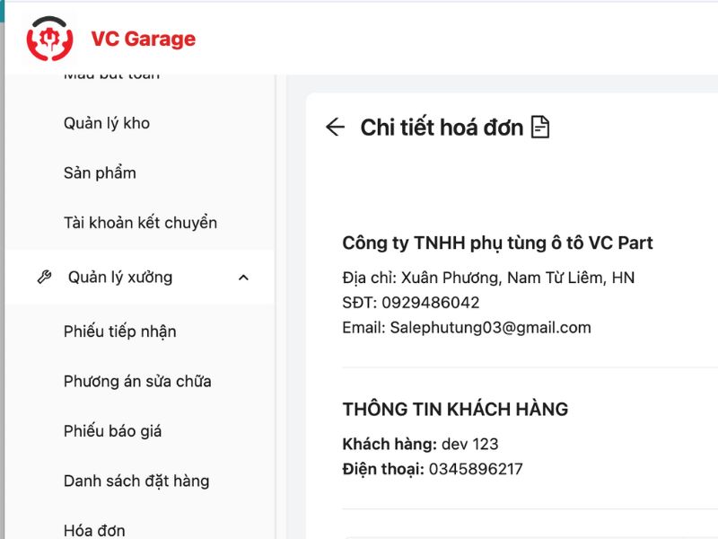 Thông tin gara và khách hàng để xác định đúng xe được báo giá
