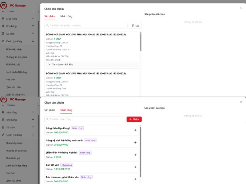 VC Garage - App tạo báo giá sửa chữa ô tô siêu nhanh, dễ dùng 7 VC Garage giúp chọn phụ tùng nhanh, xem được chi phí công thay tiện lợi
