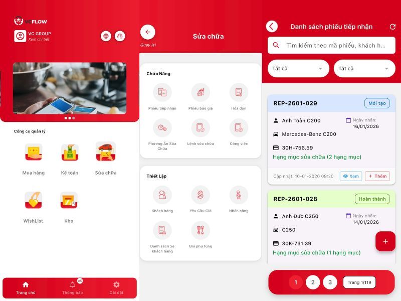 VC Garage – Chuyên gara ô tô, theo dõi trạng thái xe (RO) xuyên suốt