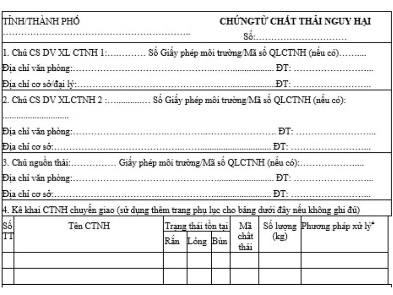 Đi kèm hợp đồng phải có chứng từ chất thải nguy hại