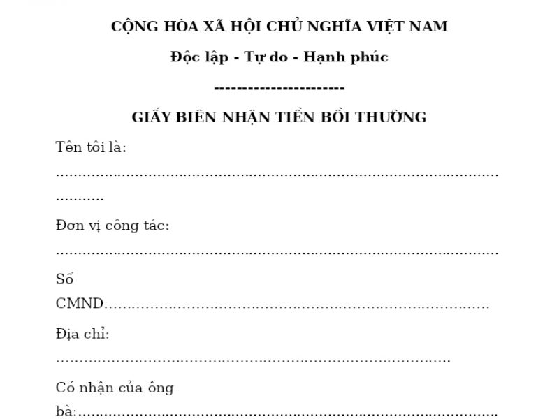 Giấy biên nhận tiền bồi thường