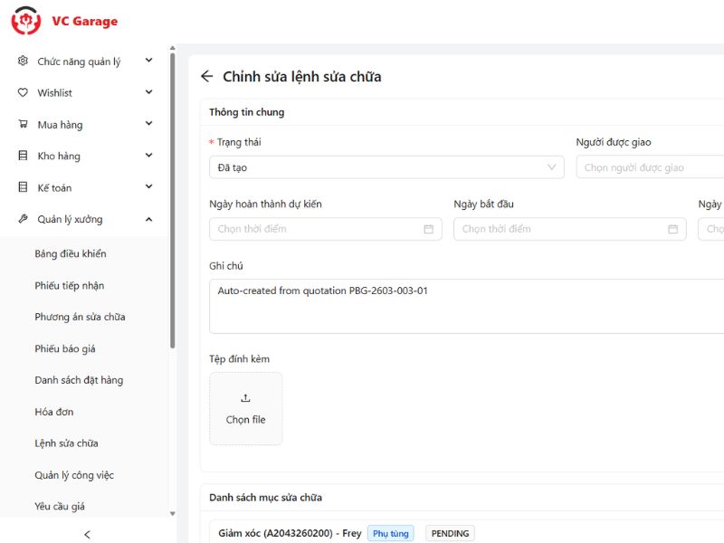 Phần mềm VC Garage giúp theo dõi tiến độ sửa chữa gắn chặt với RO