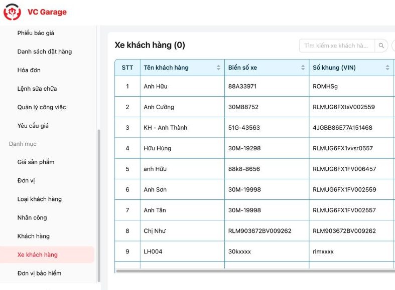 Quản lý lịch sử sửa chữa theo biển số xe