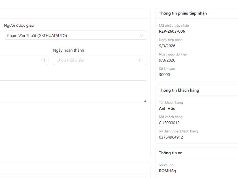 Sử dụng ứng dụng( phần mềm quản lý) VC Garage để lưu lịch sử sửa chữa xe