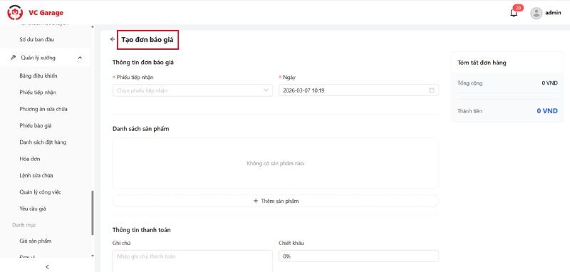 Tạo đơn báo giá mới